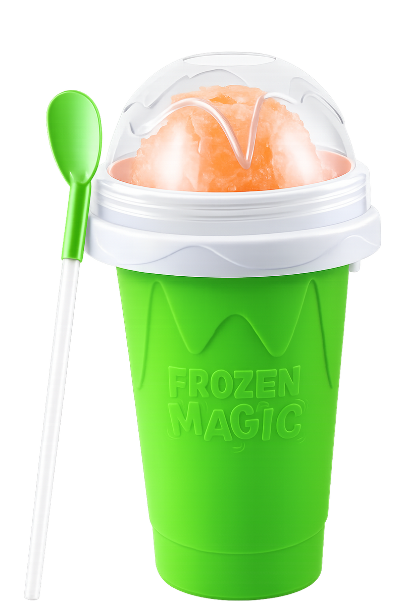 A green Slushy Cup filled with slush and its matching spoon-straw, one of four gift colours