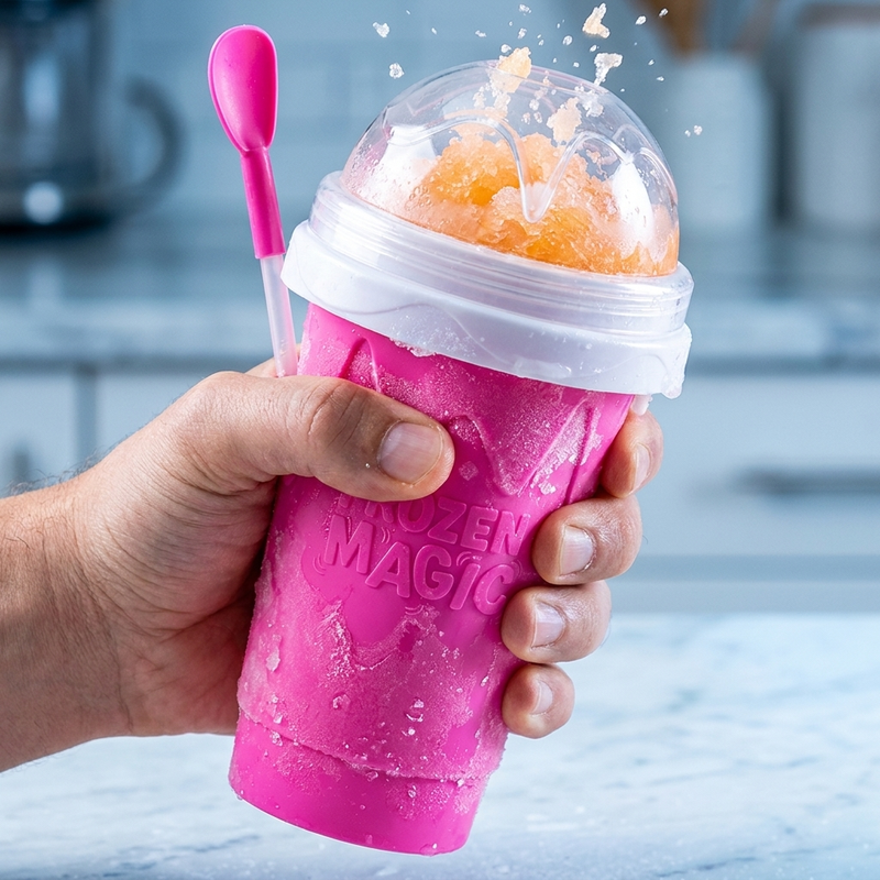 Hand squeezing the Slushy Cup to turn sweetened cold brew coffee into slush