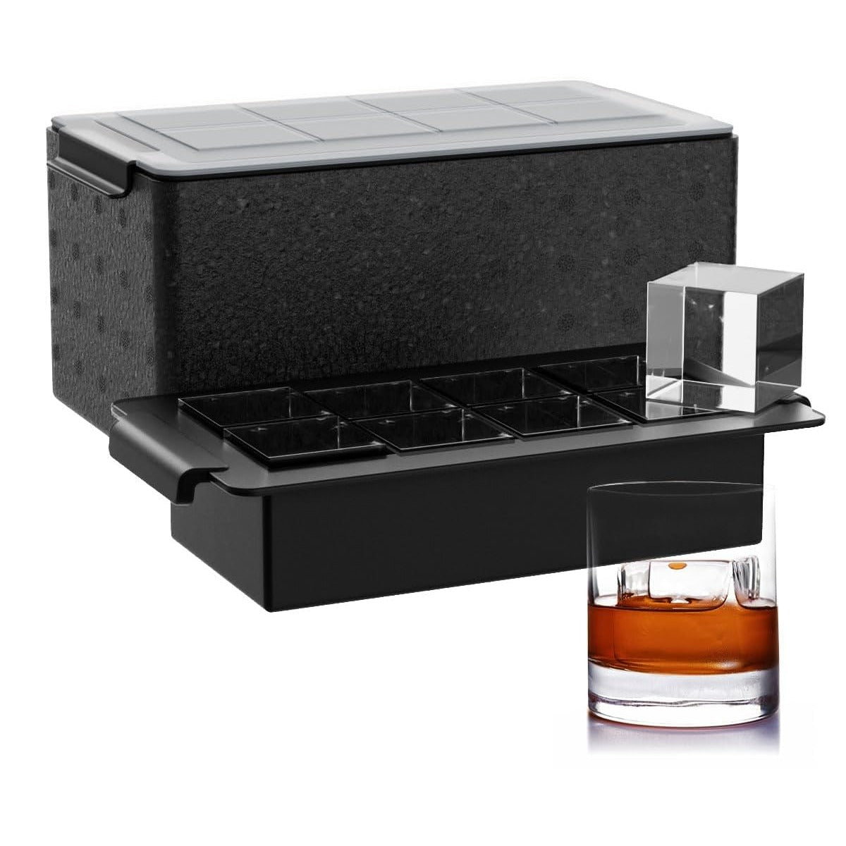 Clear ice cube maker: insulated box with lid and silicone tray of 8 large 2 inch cubes, next to a clear cube and a glass of whiskey