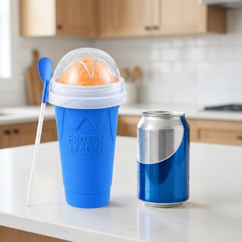 Slushy Cups on a kitchen counter, needing no blender, no ice maker and no electricity