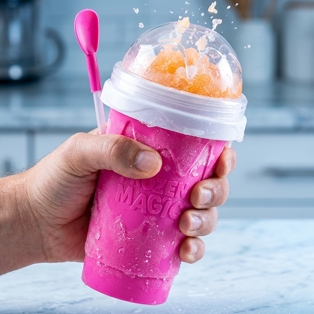 Hand squeezing the Slushy Cup to turn sweetened cold brew coffee into slush