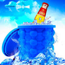 Blue silicone ice cube bucket with its lid off, filled with ice and a chilled cider bottle
