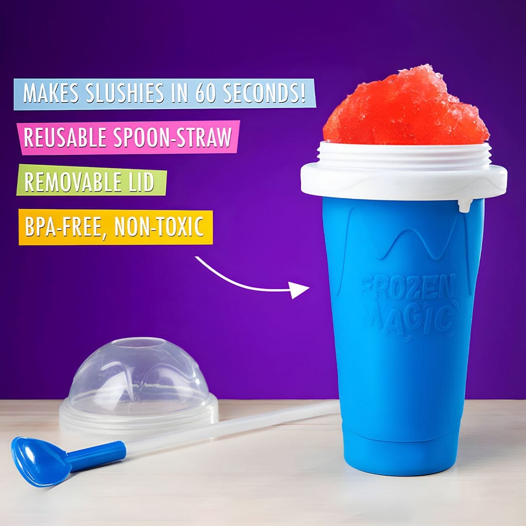 Blue Slushy Cup filled with red slush, with its removable lid and reusable spoon straw